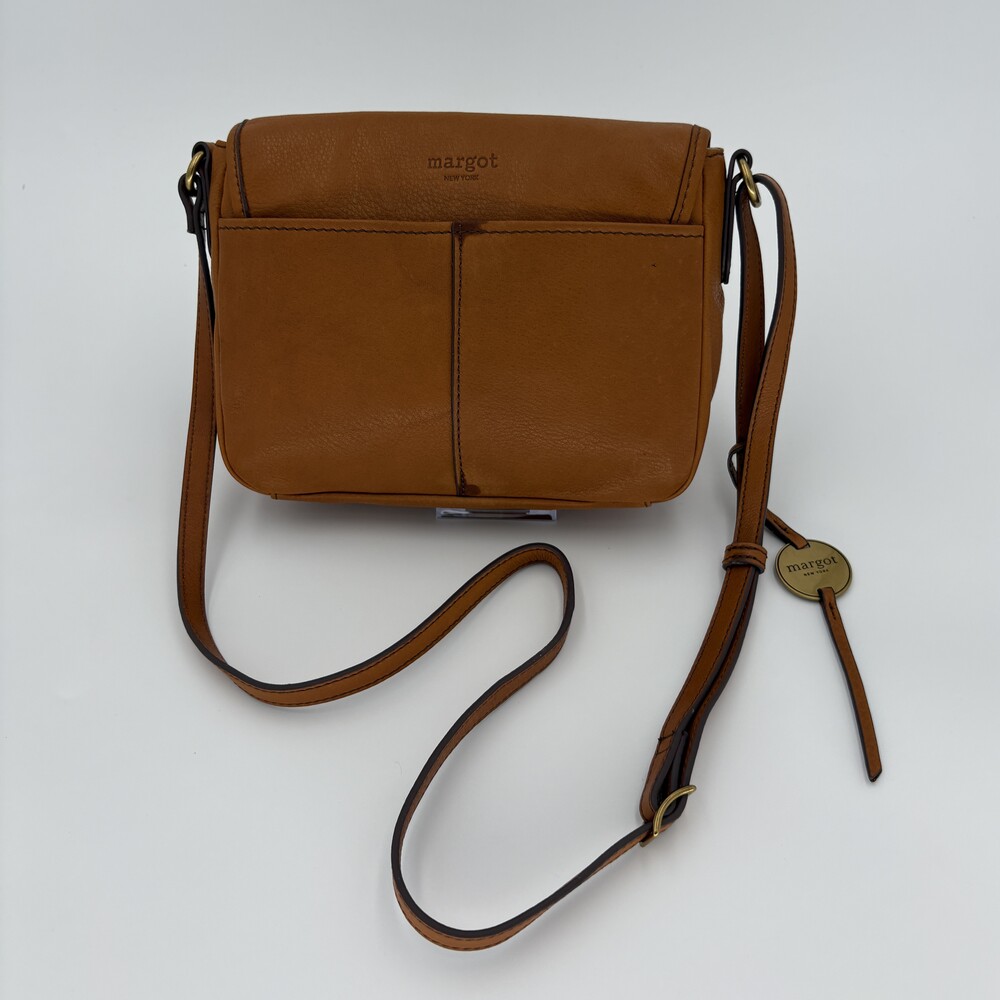 Margot New York Tan Cognac Leather Turnlock Crossbody Bag Minimalist